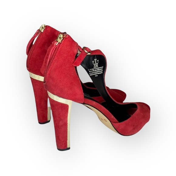 DKNY ༄ Colby T-Strap Platforms Heels Sandals༄ Red Suede Gold Detail ༄ 38 7.5M 8M - Picture 3 of 16